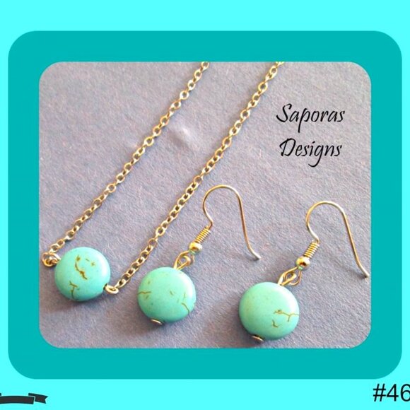 Silver Tone & Turquoise Dangle Earrings & Necklace Jewelry Set Native Ethnic - Picture 1 of 1